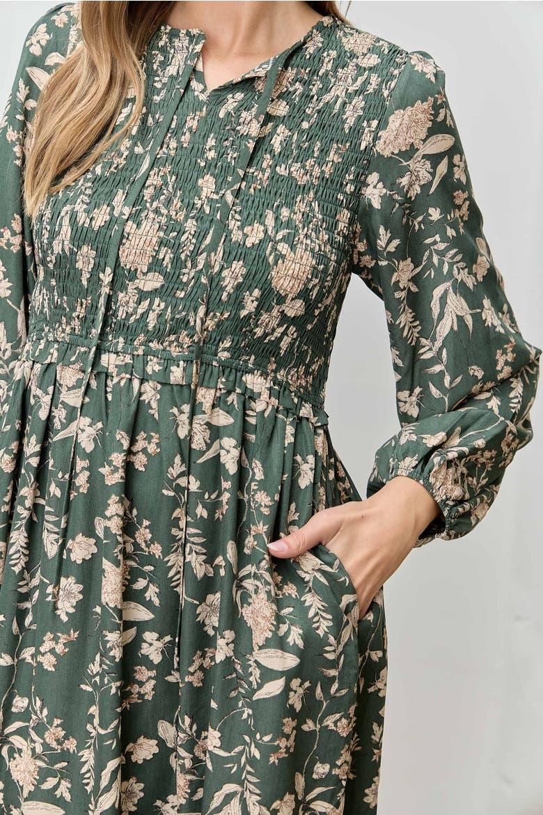 Floral Smocked Long Sleeve Midi Dress, Alternate, color, Olive Green