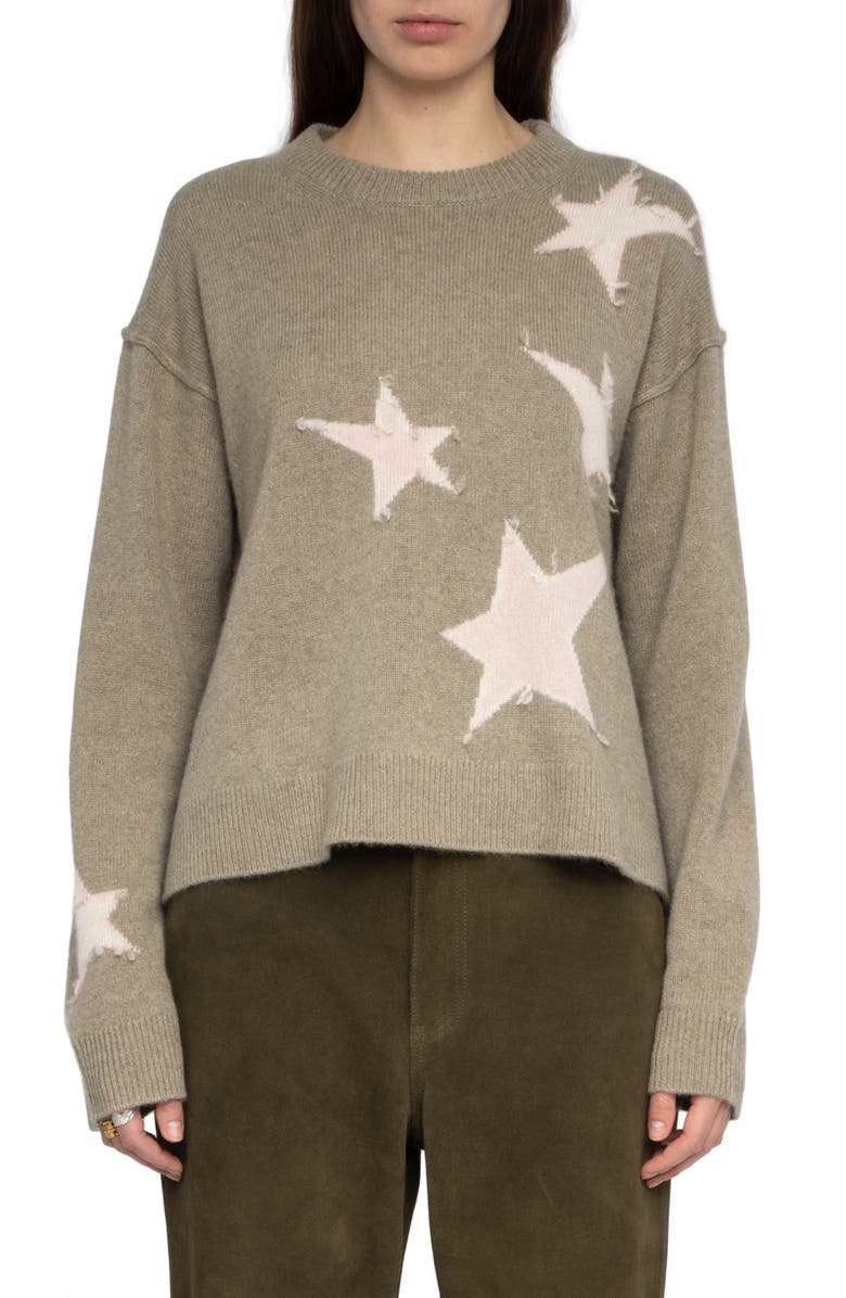 Zadig & Voltaire Markuz Intarsia Star Cashmere Crewneck Sweater, Main, color, Olive