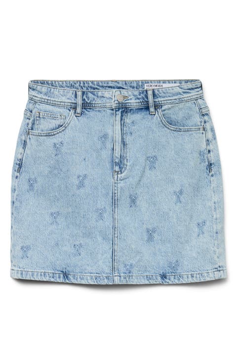 Embroidered Bow Denim Miniskirt
