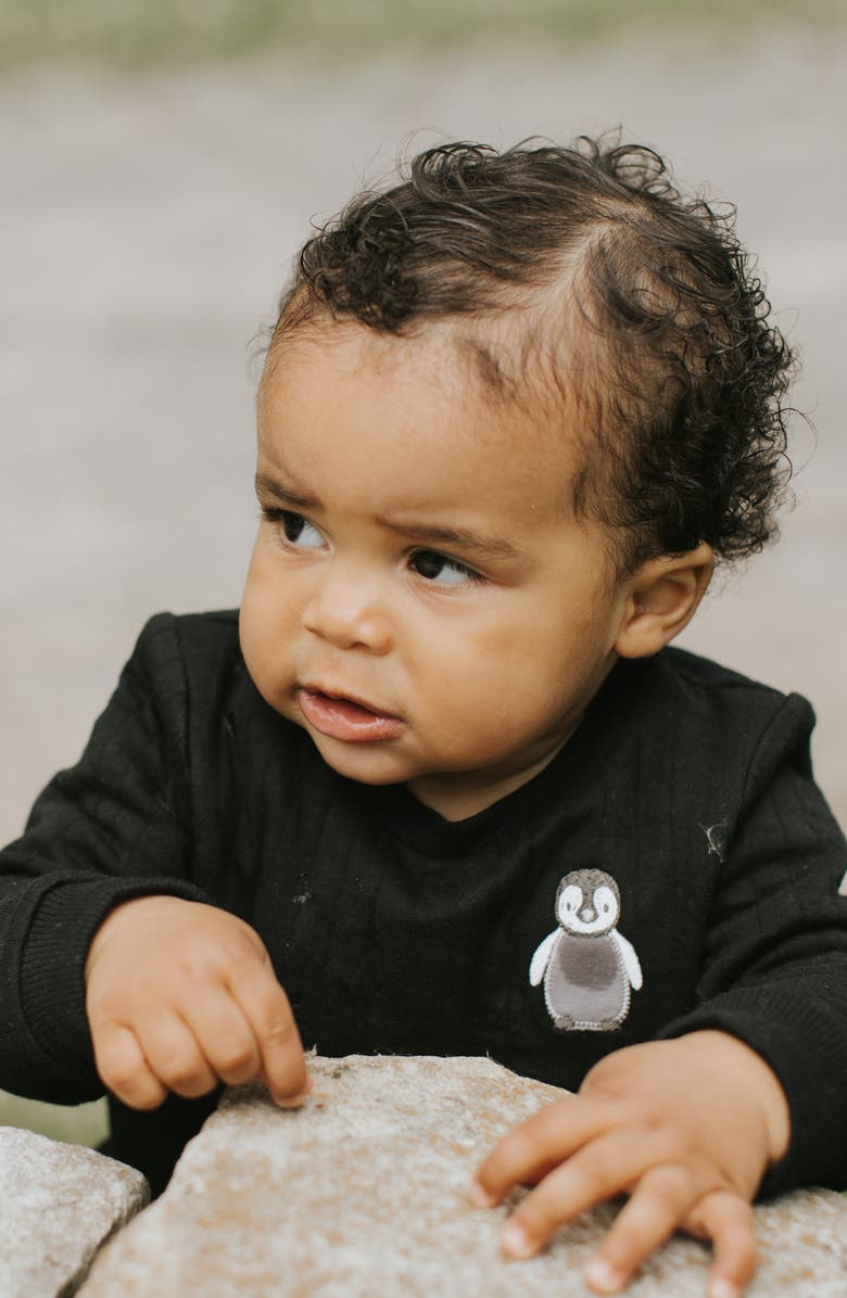 FIRSTS by Petit Lem Baby Penguin Rib Sweatshirt & Joggers Set, Alternate, color, Black