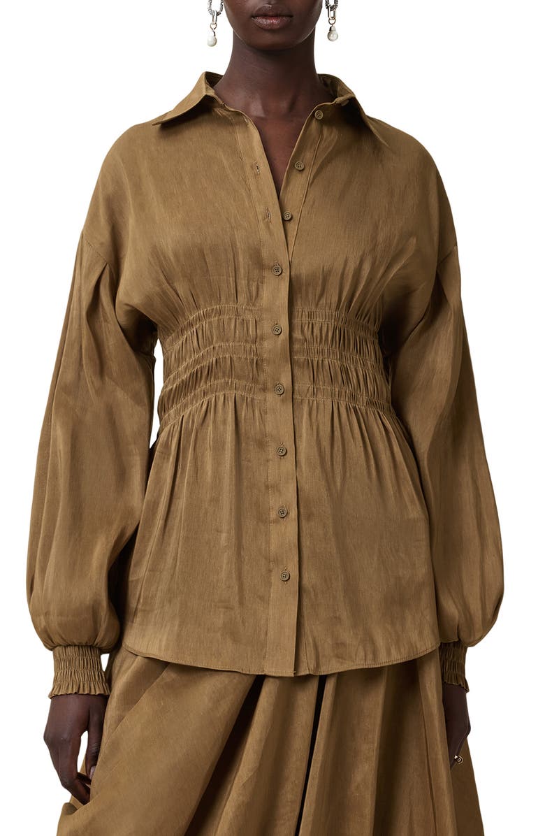 AllSaints Staci Smock Waist Linen & Silk Button-Up Shirt, Main, color, Breen Brown