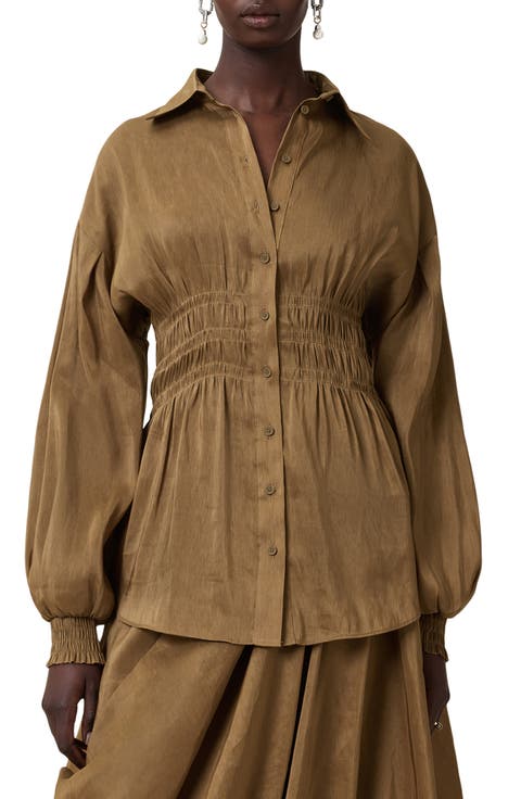 Staci Smock Waist Linen & Silk Button-Up Shirt