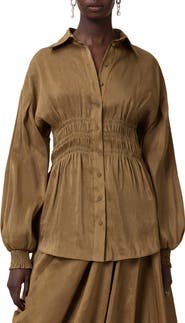 AllSaints Staci Smock Waist Linen & Silk Button-Up Shirt