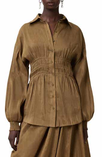 AllSaints Staci Smock Waist Linen & Silk Button-Up Shirt