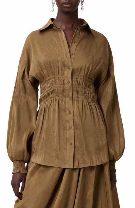 AllSaints Staci Smock Waist Linen & Silk Button-Up Shirt