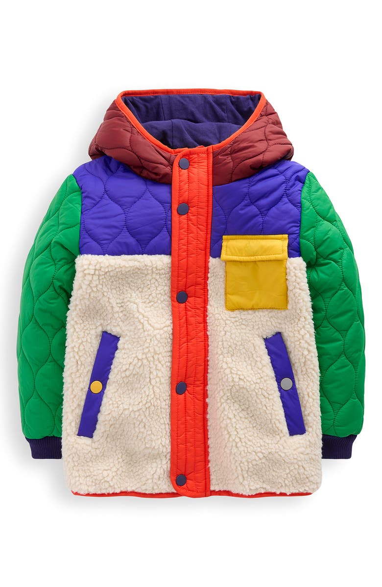 Mini Boden Kids' Colorblock Mixed Media Hooded Jacket, Main, color, Natural Borg