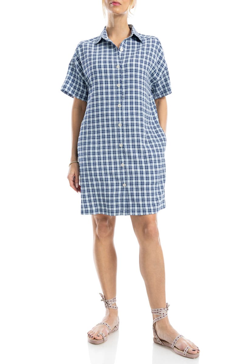 MAX STUDIO Plaid Short Sleeve Mini Shirtdress, Main, color, Navy/ Sky Plaid