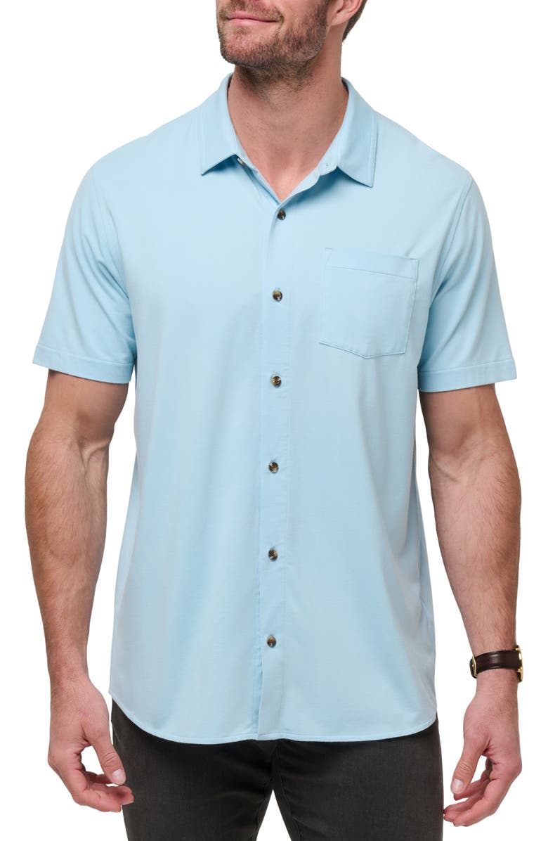 TravisMathew Sands of Time Short Sleeve Stretch Button-Up Shirt, Main, color, Dream Blue