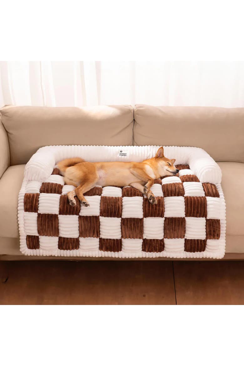 Cream Square Plaid Cozy Dog Mat Furniture Protector Cover, Alternate, color, Brown