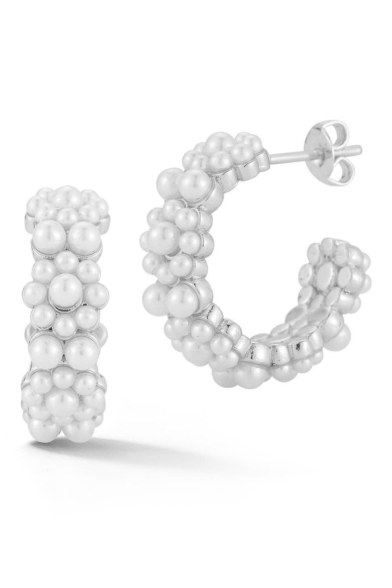 Faux Pearl Hoop Earrings, Main, color, SILVER