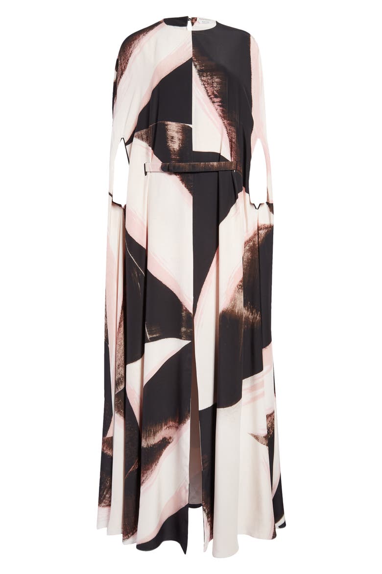 Brushstroke Print Cape Sleeve Silk Crêpe de Chine Gown, Main, color, 1080 BLACK/ IVORY