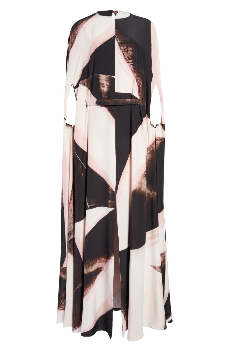 McQueen Brushstroke Print Cape Sleeve Silk Crêpe de Chine Gown, Main, color,