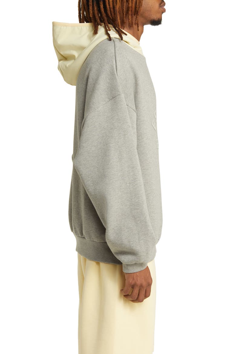 Essentials Logo Oversize Fleece & Nylon Hoodie, Alternate, color, DARK HEATHER OATMEAL/YELLOW