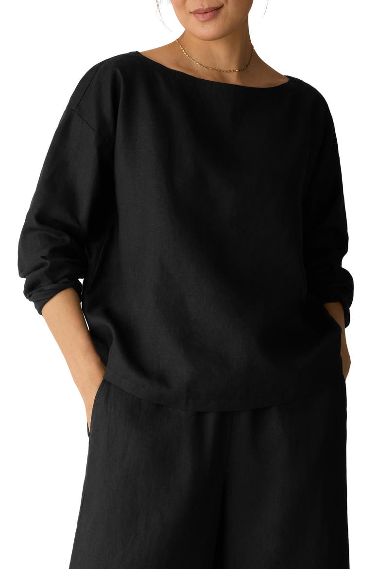 Boxy Bateau Neck Organic Linen Top, Main, color, BLACK