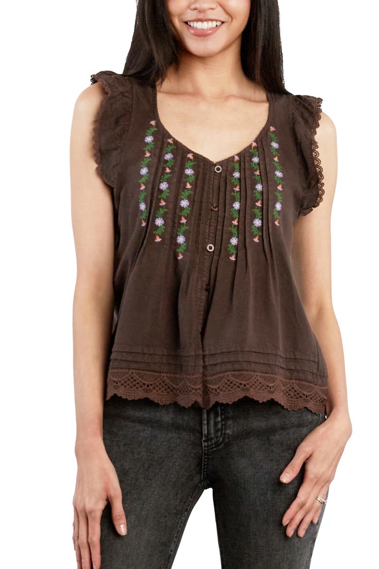 Floral Embroidered Pintuck Top, Main, color, CHOCOLATE BROWN