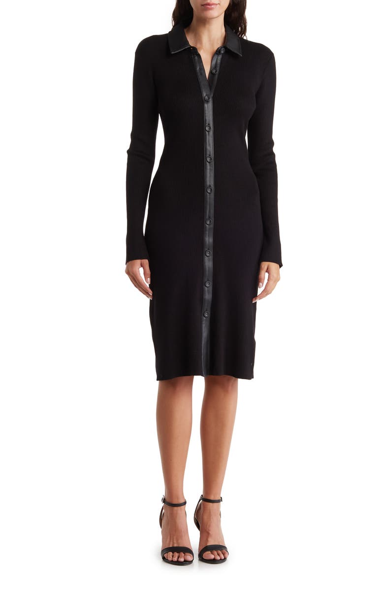 Ellen Tracy Faux Leather Trim Ribbed Shirtdress, Main, color, 