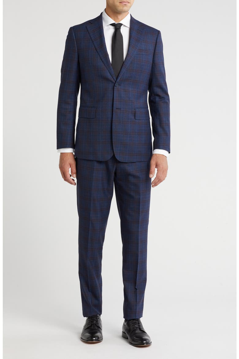 Plaid Trim Fit Notch Lapel Wool Blend Two-Piece Suit, Main, color, NAVY