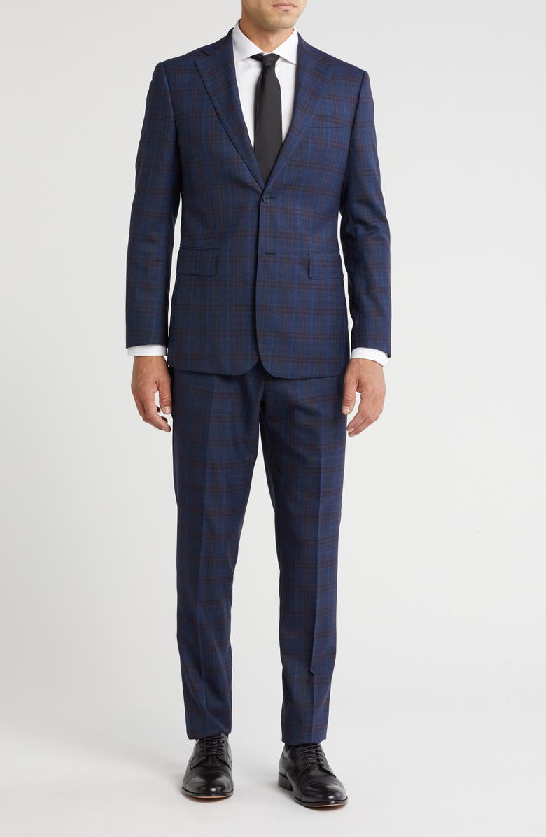 English Laundry Plaid Trim Fit Notch Lapel Wool Blend Two-Piece Suit, Main, color, Navy