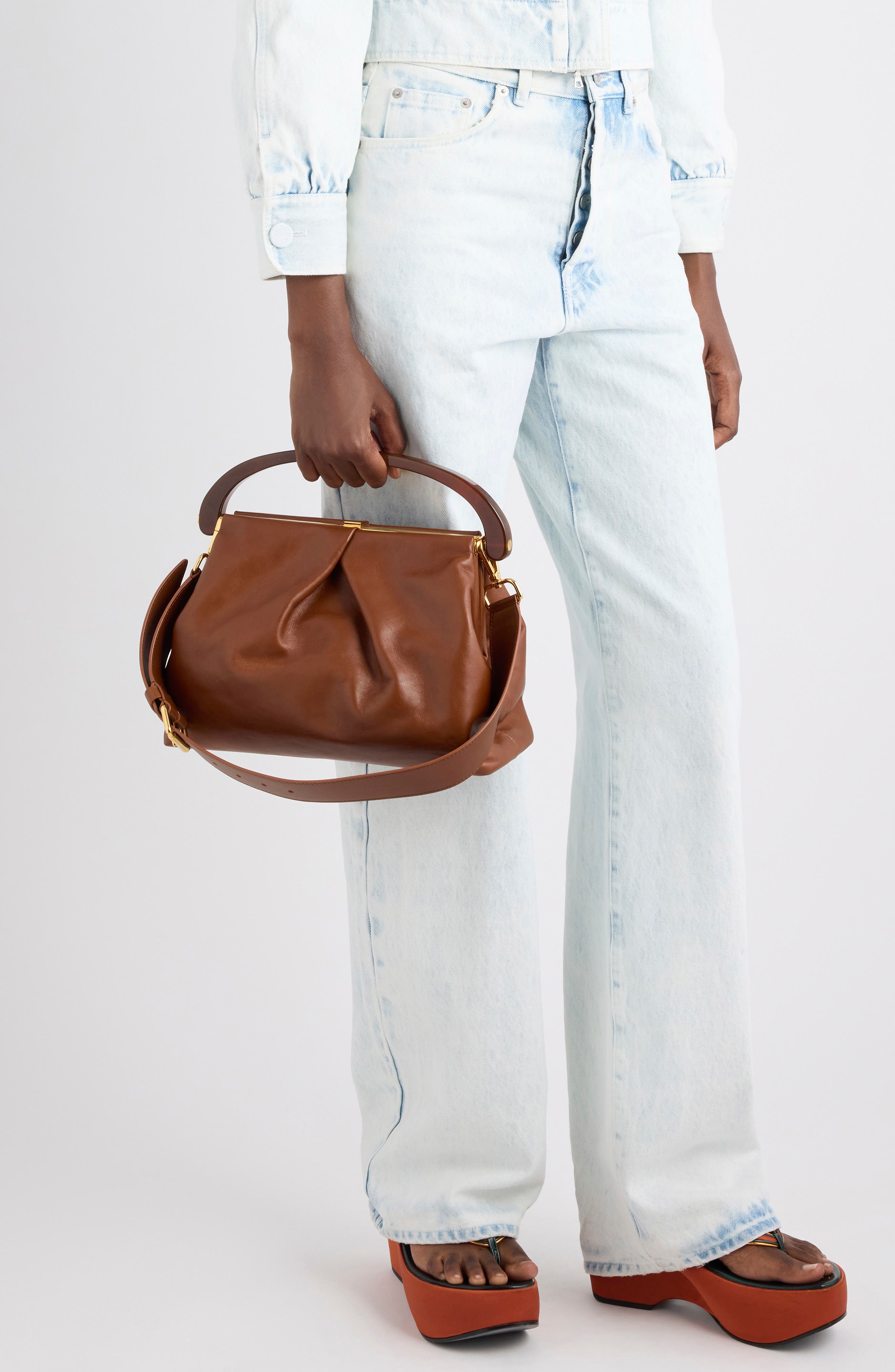 Dries Van Noten Pleated Leather Top Handle Bag, Alternate, color, Tan 712