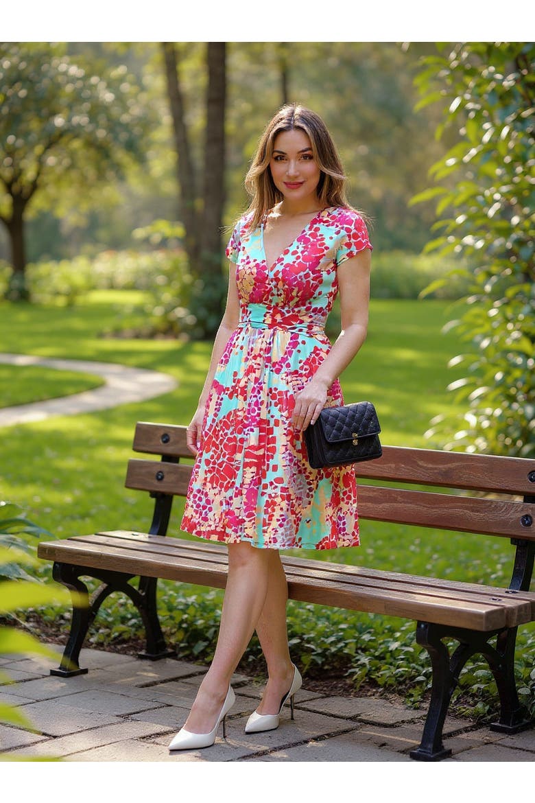 Womens Essential V-Neck Cap Sleeve Knee Length A-Line Pocket Dress, Alternate, color, Blue Multi