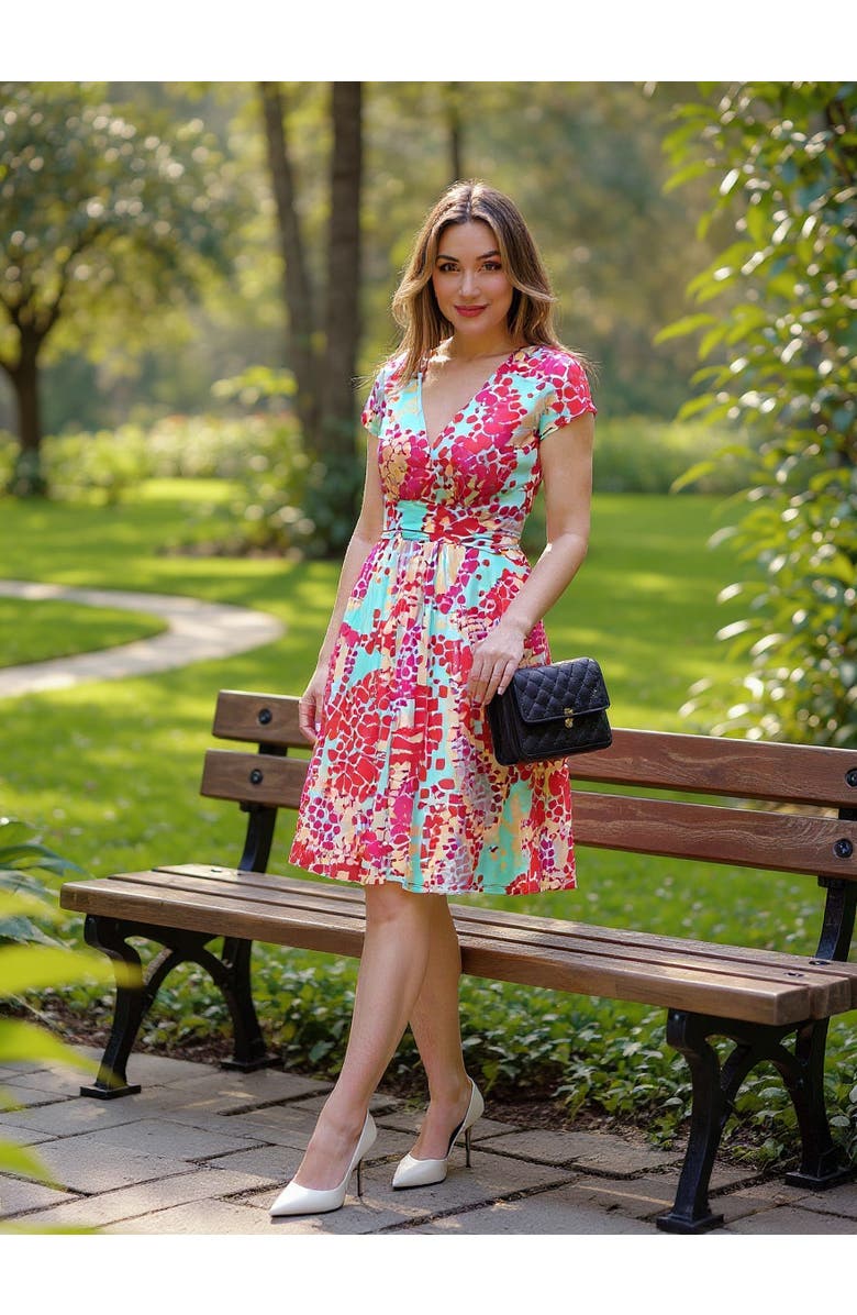 24seven Comfort Apparel Womens Essential V-Neck Cap Sleeve Knee Length A-Line Pocket Dress, Alternate, color, Blue Multi