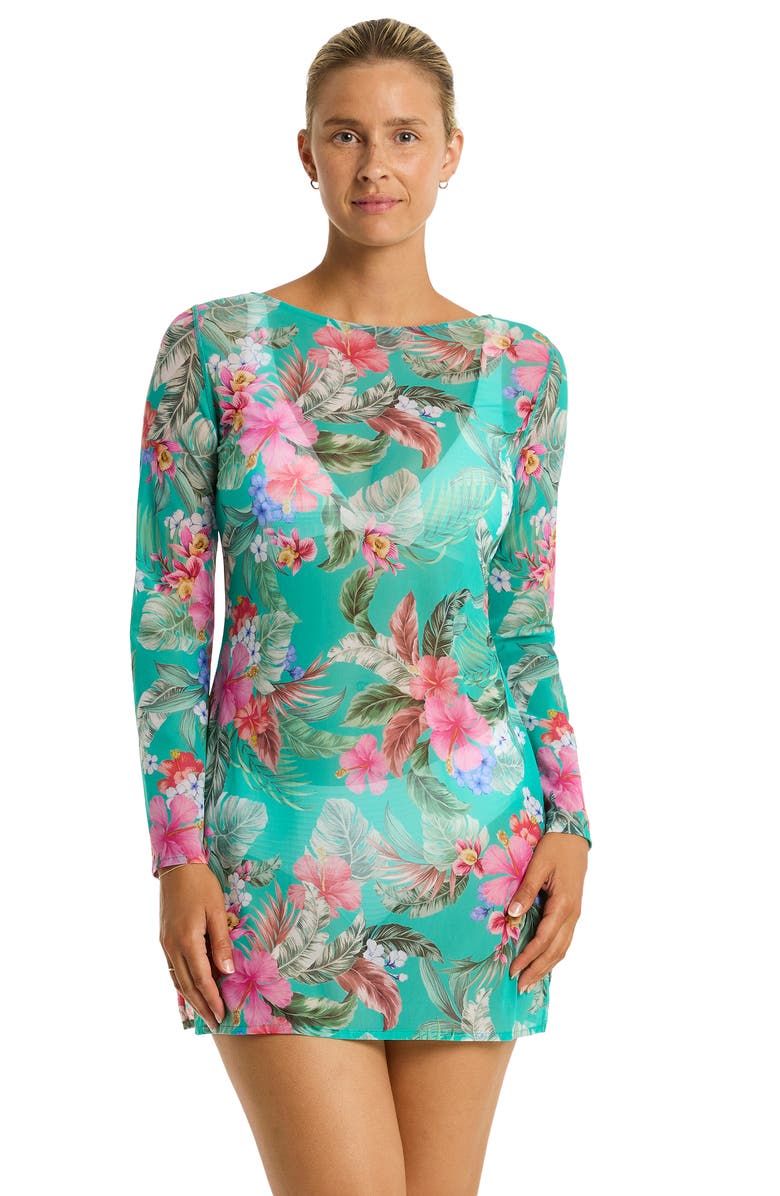 Sea Level Pacificao Floral Mesh Cover-Up Dress, Alternate, color, Evergreen