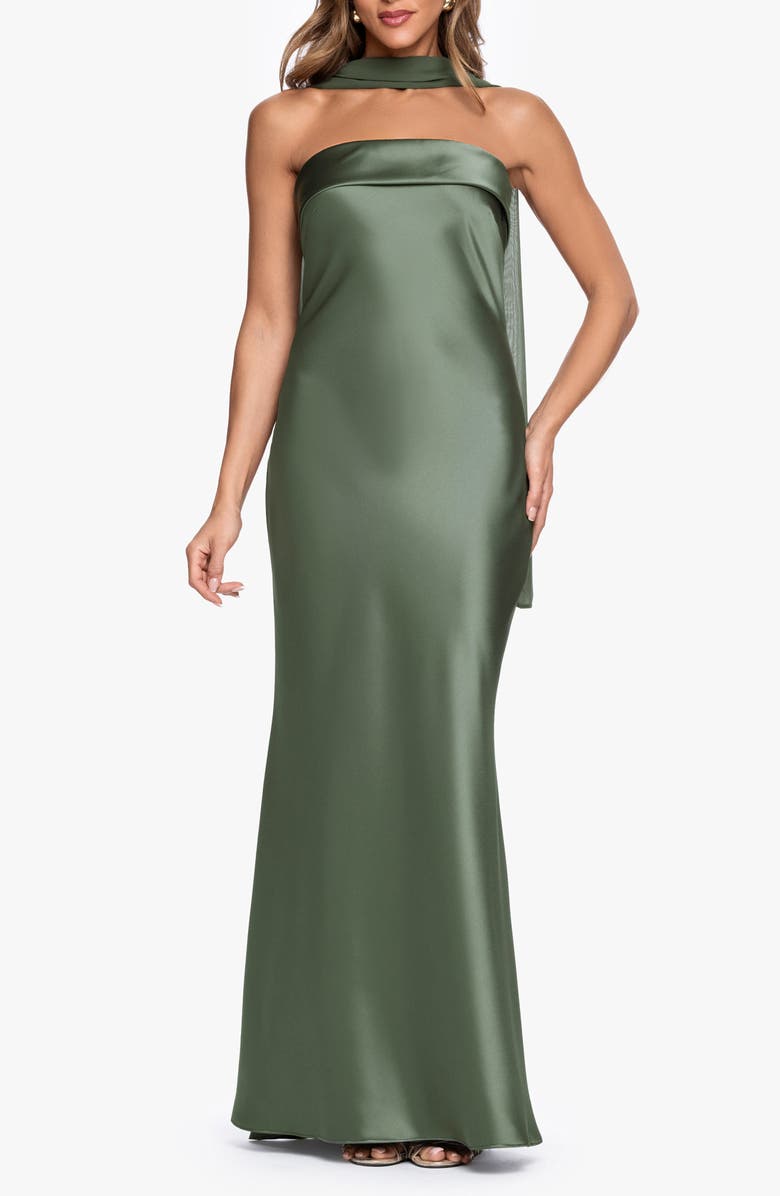 Xscape Evenings Strapless Satin Gown & Chiffon Scarf, Main, color, Olive