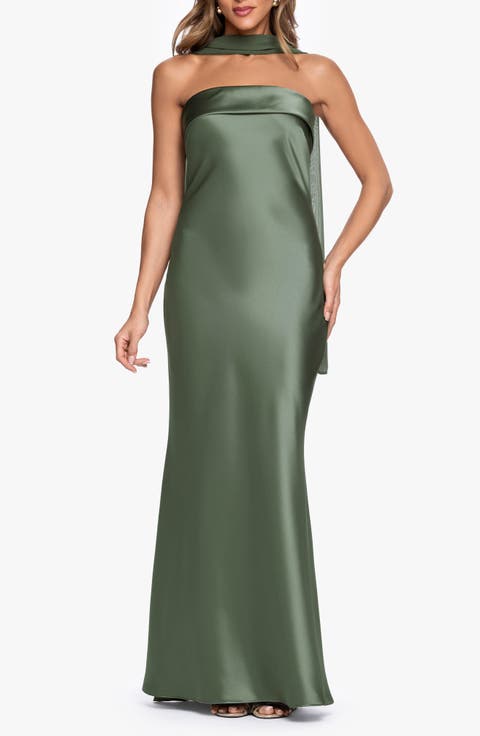 Strapless Satin Gown & Chiffon Scarf