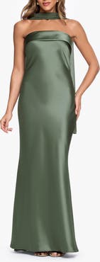 Xscape Evenings Strapless Satin Gown & Chiffon Scarf