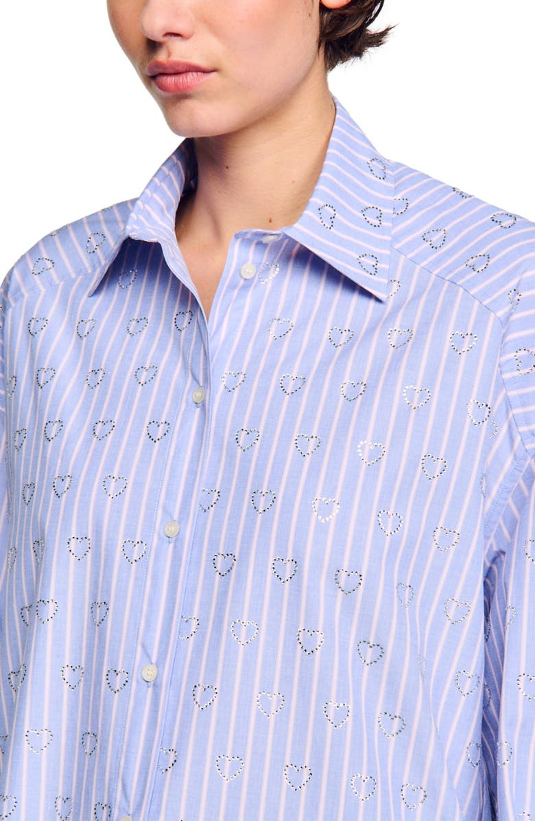 SANDRO Valentine Stripe Rhinestone Heart Cotton Button-Up Shirt, Alternate, color, 