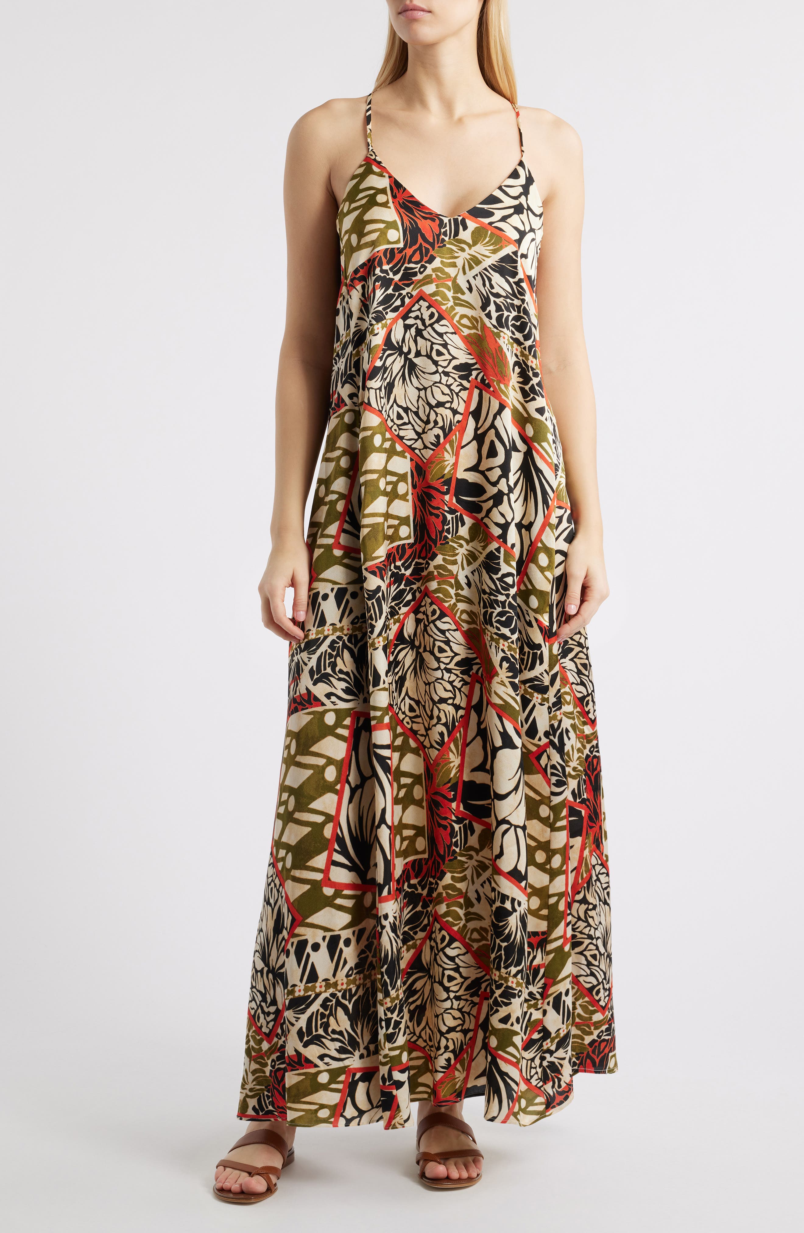 Tahari ASL Mixed Print Charmeuse Maxi Slipdress