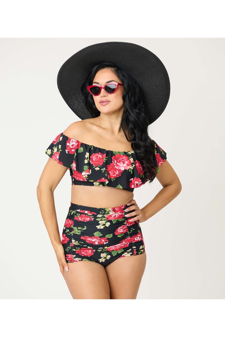 Monroe High Waist Bikini Bottom, Alternate, color, Black Cabbage Rose Print