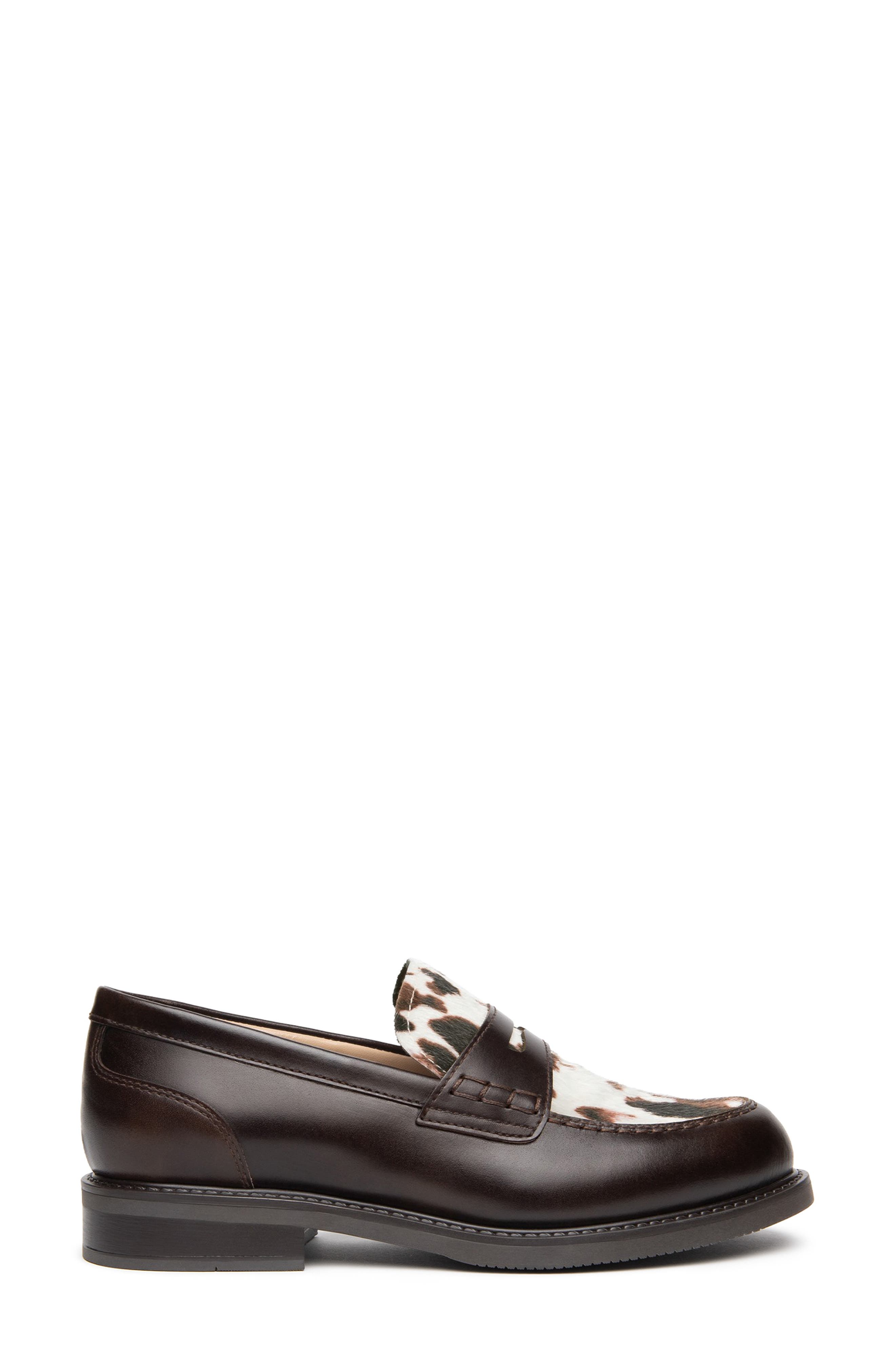 Leather Penny Loafer, Alternate, color, CHOCOLATE/ COW PRINT
