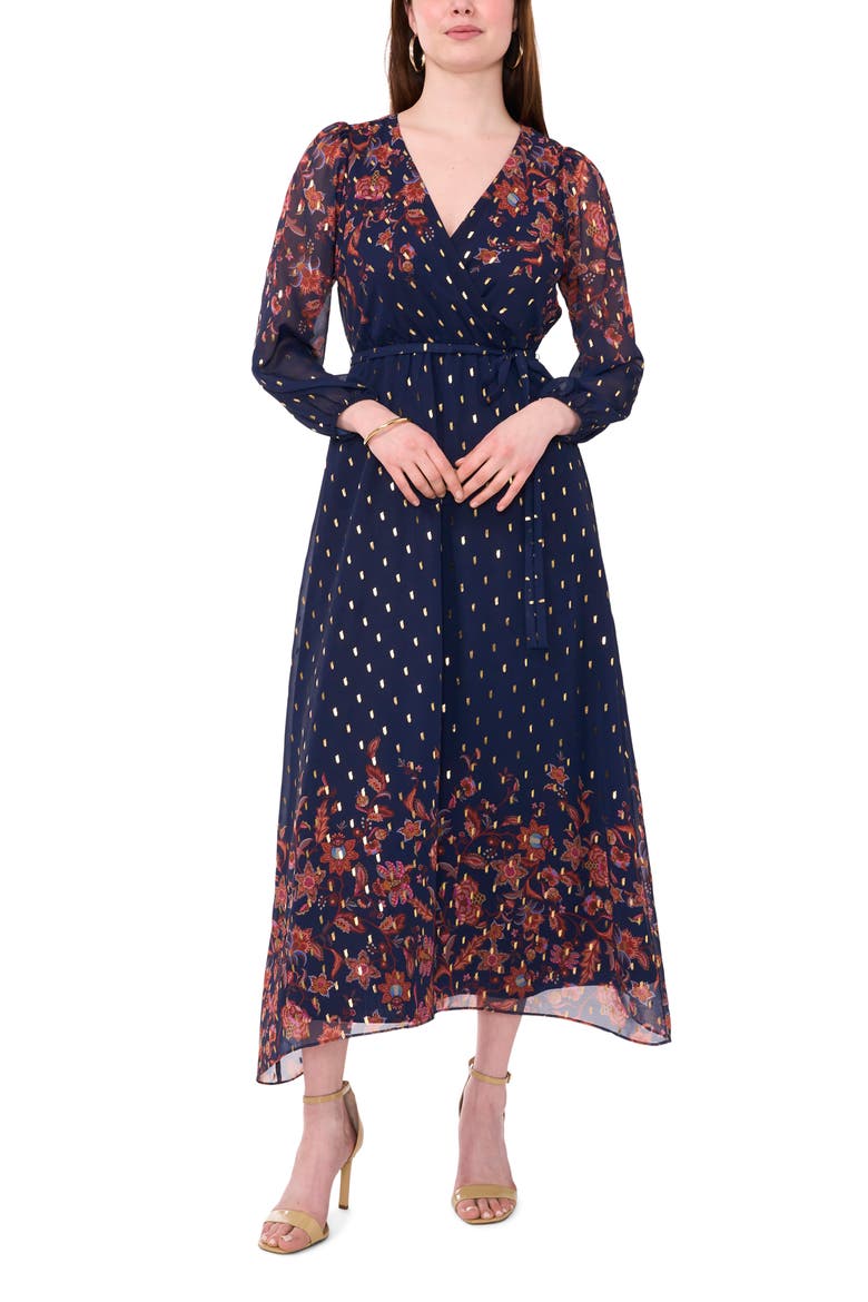 Foil Dot Surplice Maxi Dress, Main, color, CLASSIC NAVY