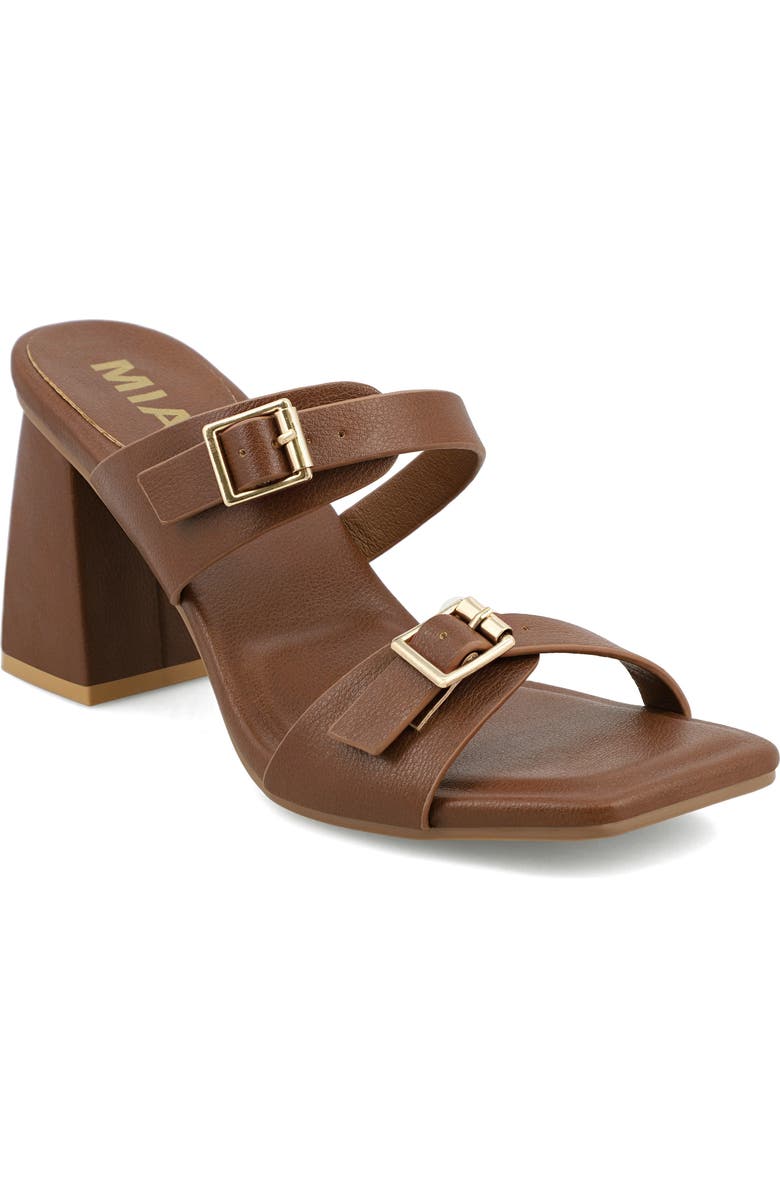 MIA Rene Double Buckle Block Heel Sandal, Main, color, Brown