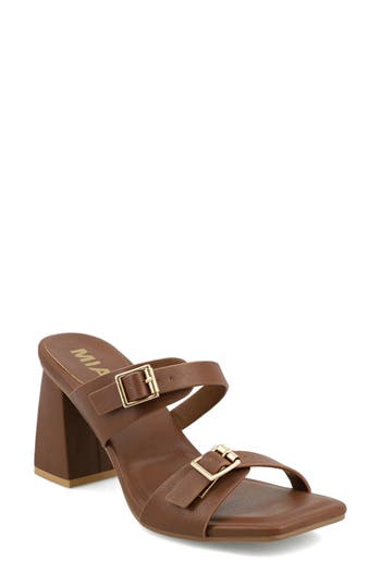 Mia Rene Double Buckle Block Heel Sandal In Brown