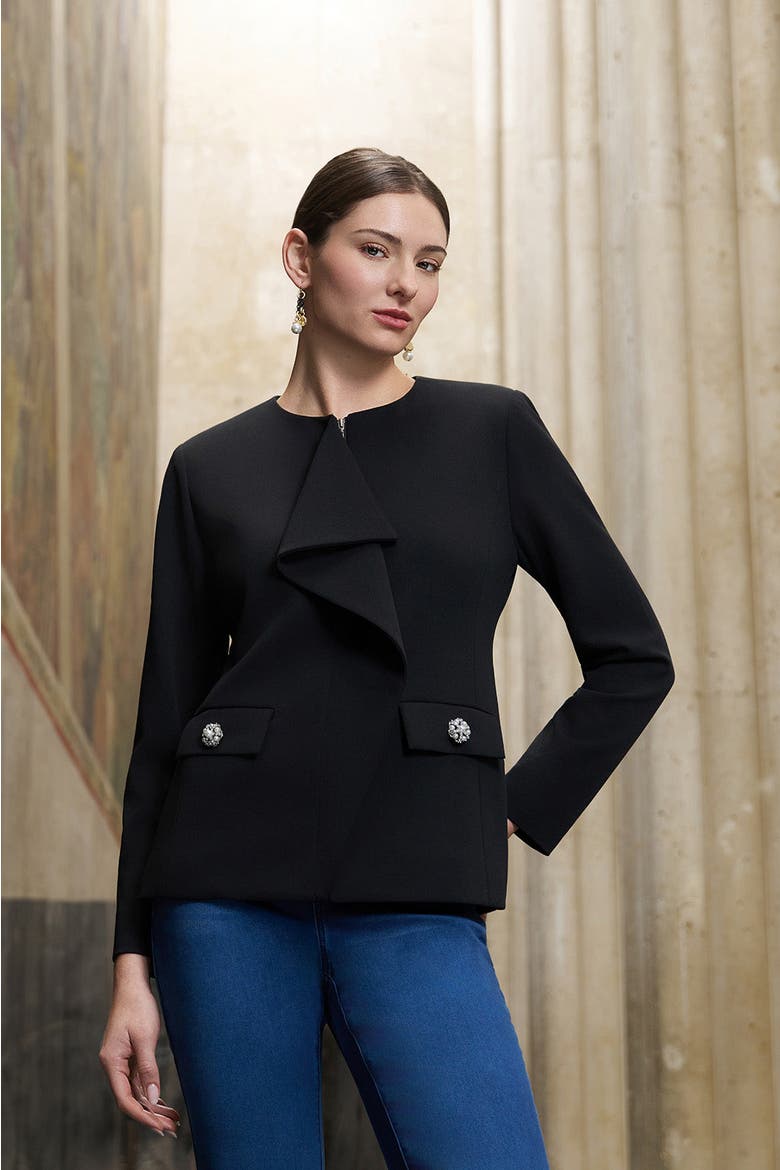 Stretch Deco Crepe Drape Front Jacket, Alternate, color, Black