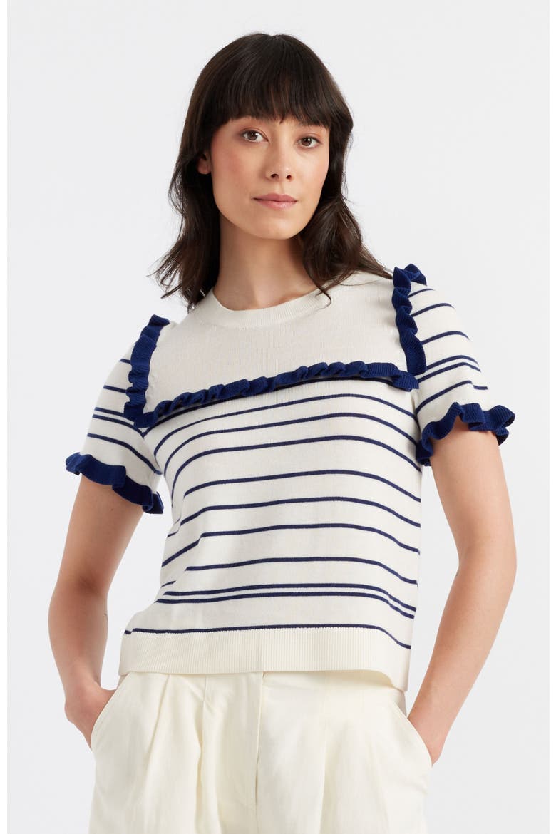 Nautical Stripe Short Sleeve Merino Wool Top, Main, color, Cream