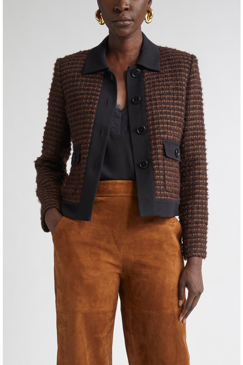 Crepe Cady Trim Tweed Jacket, Main, color, MOCHA/ BLACK