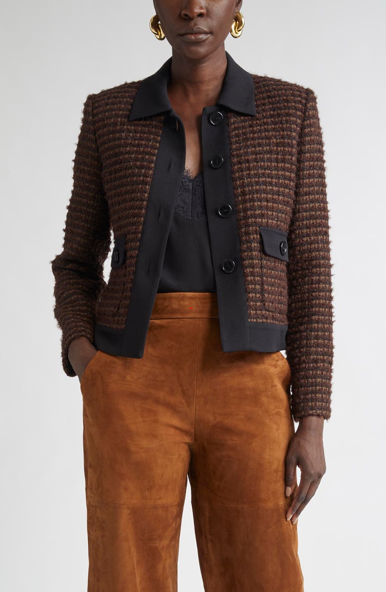 ST. JOHN Crepe Cady Trim Tweed Jacket, Main, color, Mocha/ Black