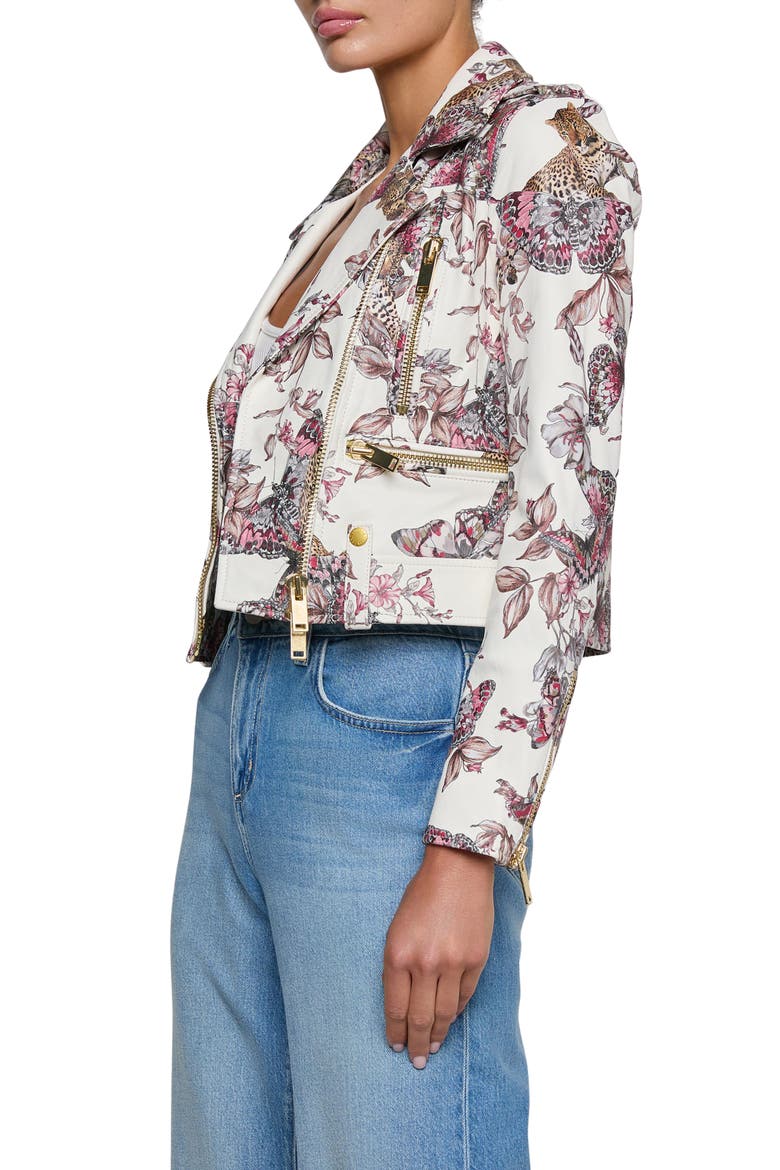 Blakely Butterfly Leopard Print Crop Leather Biker Jacket, Alternate, color, WHITE MULTI BUTTERFLY
