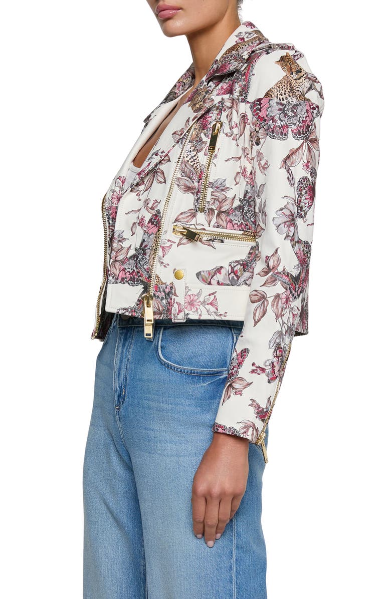 L'AGENCE Blakely Butterfly Leopard Print Crop Leather Biker Jacket, Alternate, color, White Multi Butterfly