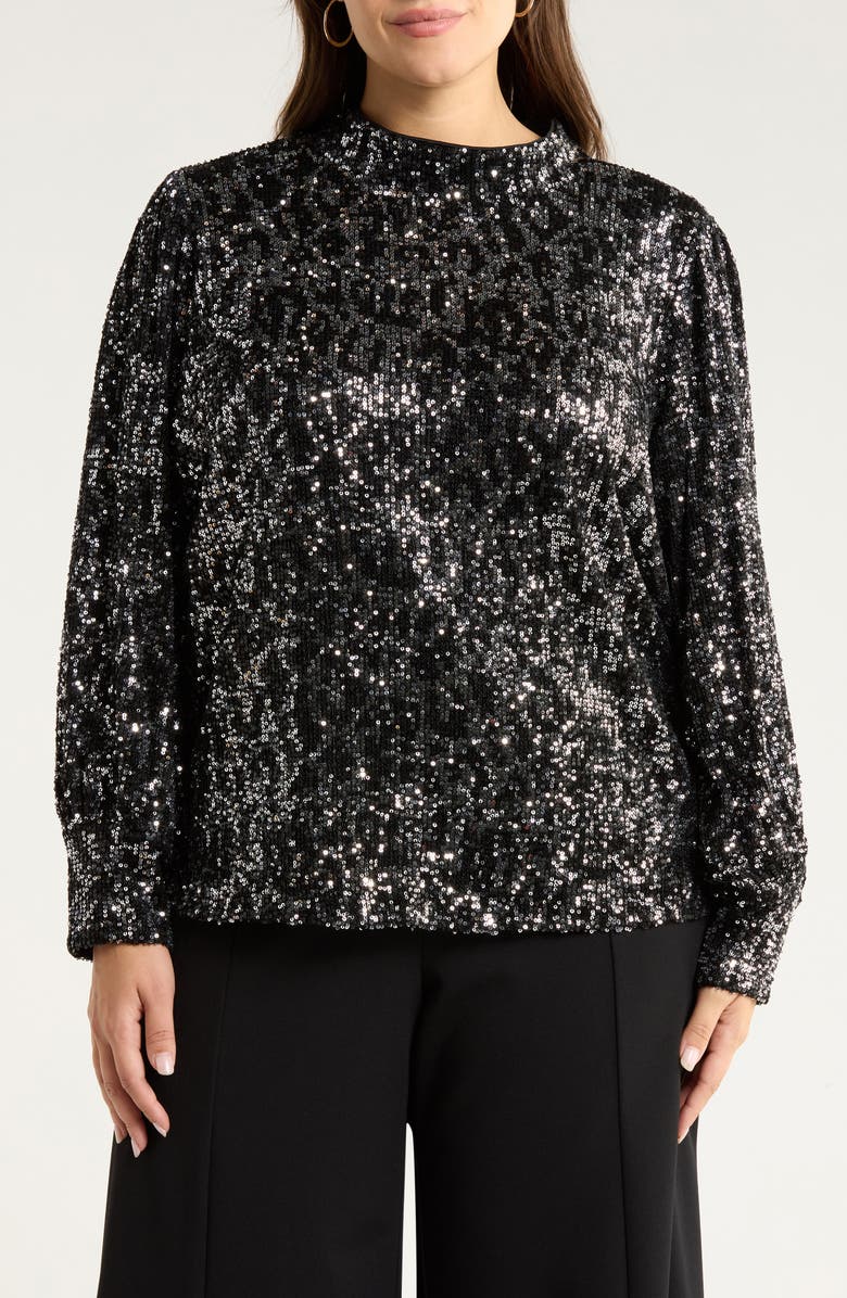 SUGARLIPS Zuri Isabella Mock Neck Sequin Top, Main, color, Silver/ Black