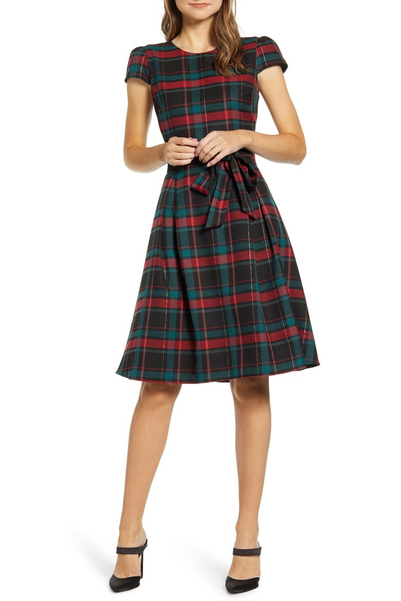 Gibson x Hi Sugarplum! Holiday Joyeux Cap Sleeve Fit & Flare Dress, Main, color, CLOCHETTE PLAID