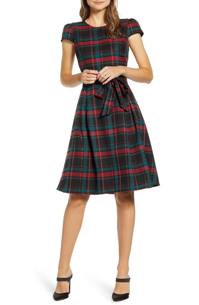 GIBSONLOOK Gibson x Hi Sugarplum! Holiday Joyeux Cap Sleeve Fit & Flare Dress, Main, color, 