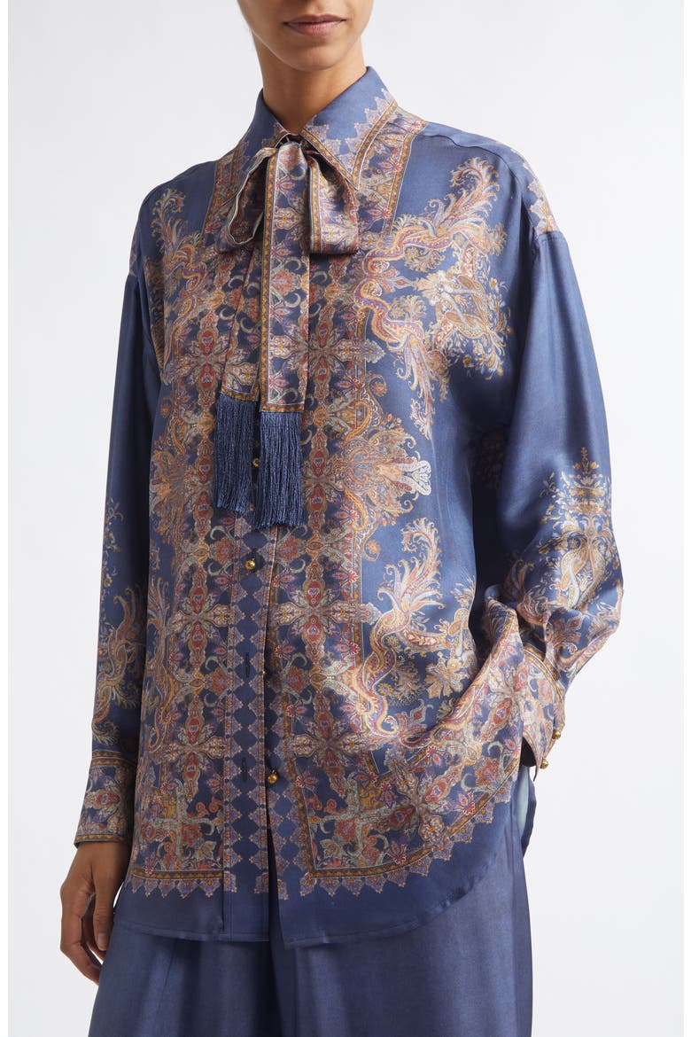 Valiant Paisley Print Tie Neck Silk Button-Up Shirt, Alternate, color, NAVY PAISLEY