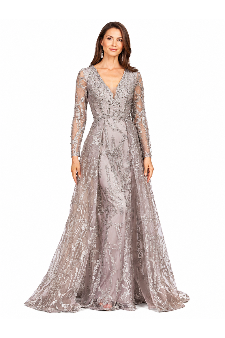 Beaded Faux-Wrap V-Neck Bridal Gown, Main, color, Slate