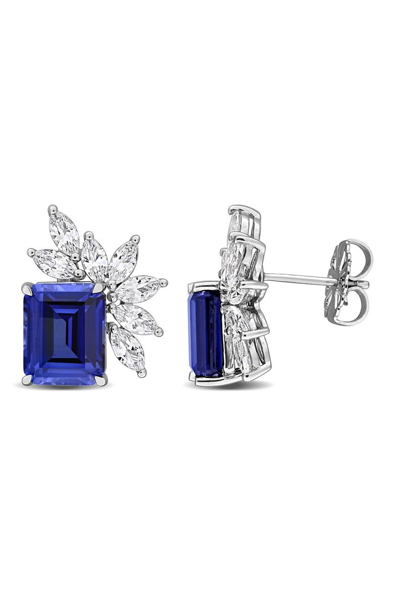 Sterling Silver Emerald & Marquise Cut Created Sapphire Stud Earrings, Main, color, BLUE