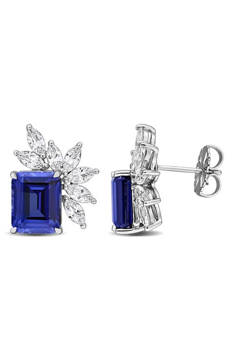 Sterling Silver Emerald & Marquise Cut Created Sapphire Stud Earrings
