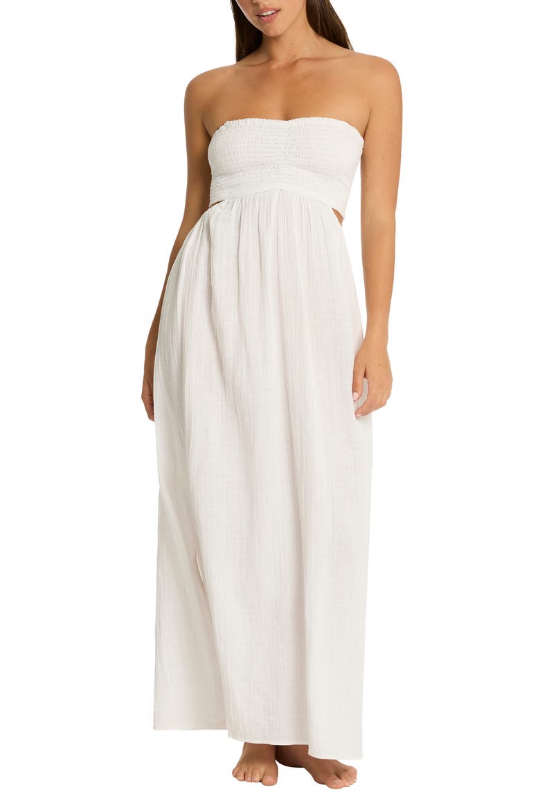 Smocked Bodice Cotton Seersucker Cover-Up Dress, Alternate, color, WHITE